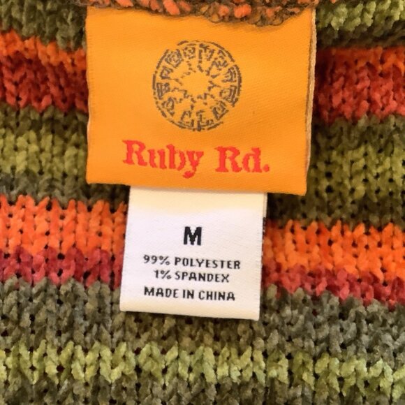 Ruby Rd Cardigan Sweater Size Medium Open Front Orange Green Striped Pockets - Picture 10 of 10